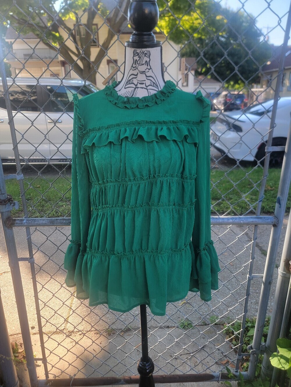 Emerald Green Ruffle Shirred Bell Sleeve Blouse Estimated M